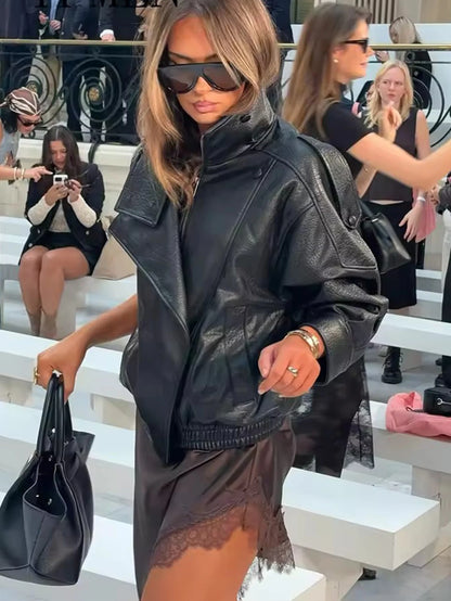 Women’s Faux Leather Streetwear Jacket With Zipper