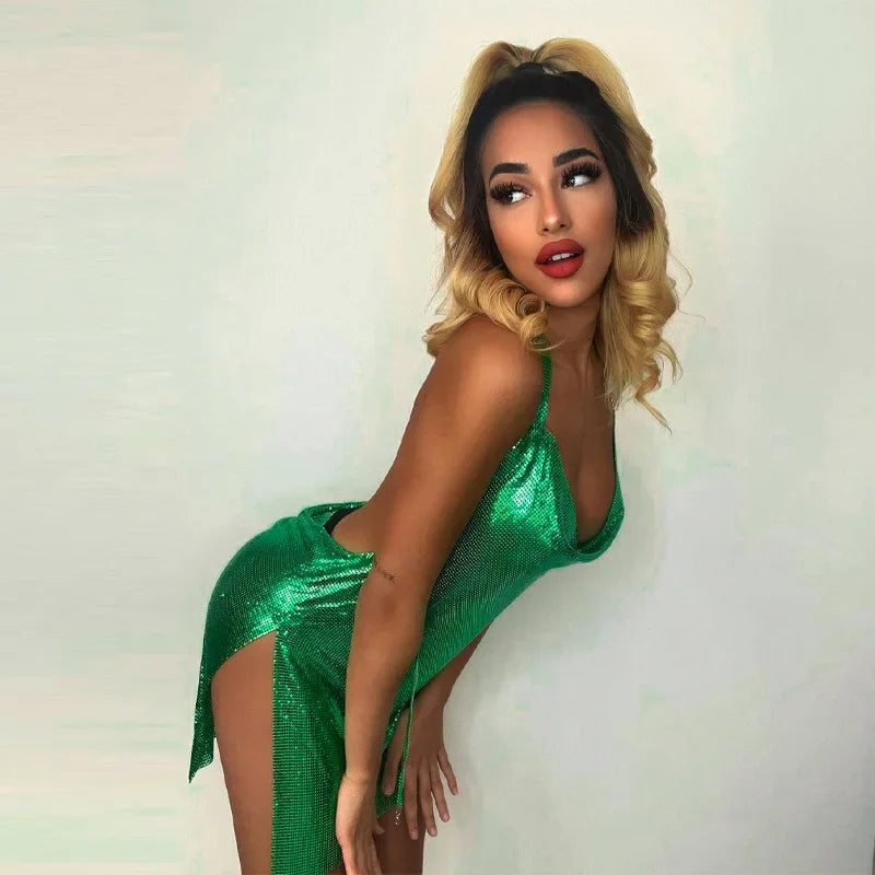 green Color Women’s Sequin Halter Mini Dress Backless Party Outfit